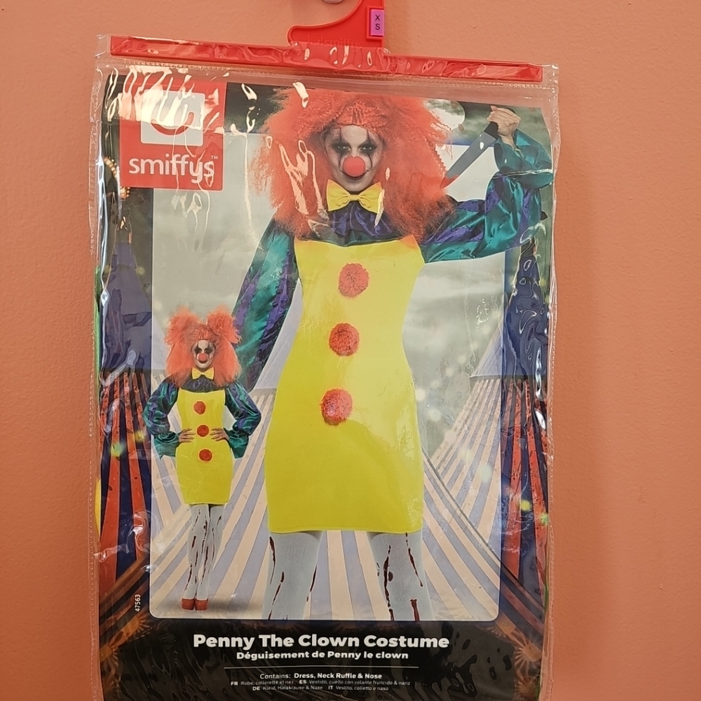 NWT Smiffys Women's Size XS Penny The Clown Halloween Costume Dress Nose Ruffle